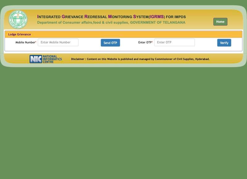Lodge your grievance first step on the IGRMS portal asking for mobile number and OTP
