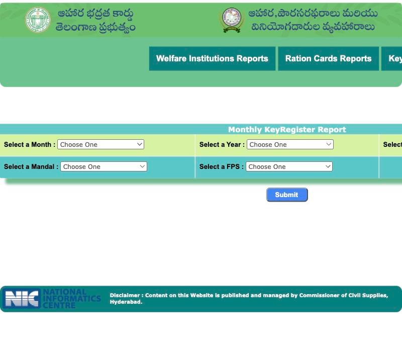 Monthly KeyRegister Report form with month, year, district, mandal and fair price shop
